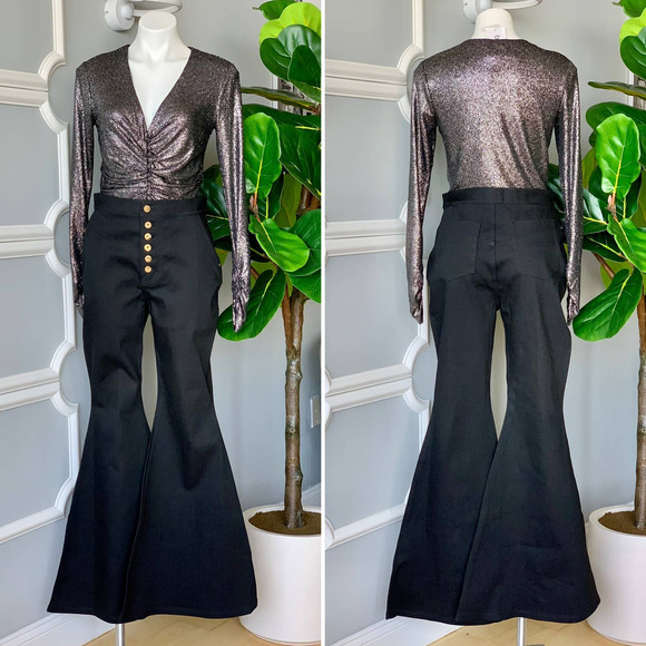 Scripted Metallic Bodysuit Long-Sleeve Black Silver Size Medium - Picture 9 of 11